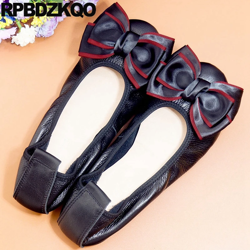 Round Toe Shoes Bowtie Women Metallic Moccasins Foldable Ballet Plus Size Cow Skin Ballerina Flats Bow Knot 43 Slip On Roll Up