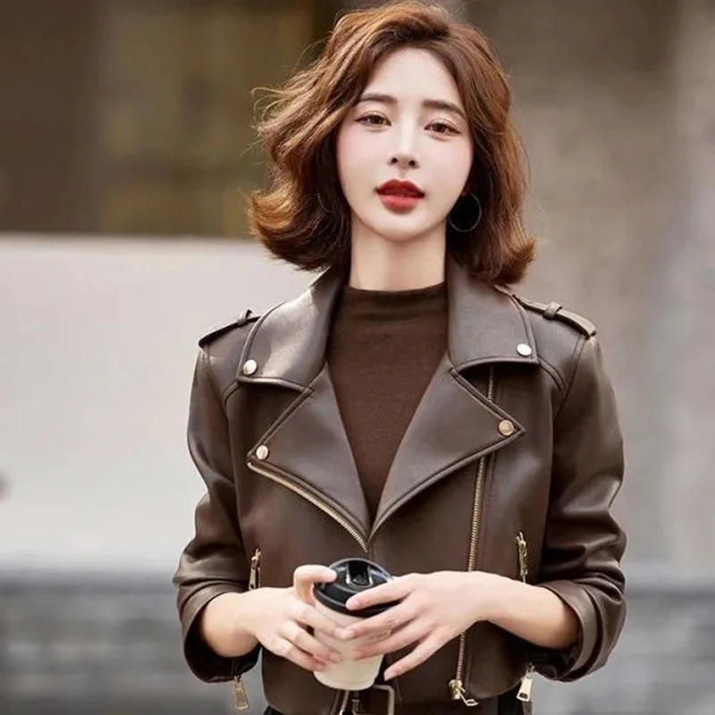 Casual Elegant Outerwear หญิงผู้หญิงเข็มขัดแฟชั่นกระเป๋าหนัง Faux สีทึบซิปเสื้อแจ็คเก็ตคุณภาพนุ่ม