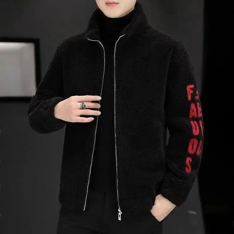 

Autumn and Winter Men's Fleece Standing Neck Jacket Men's Embroidered Sweater Leather Wool Lamb Fleece Coat Clothes Top