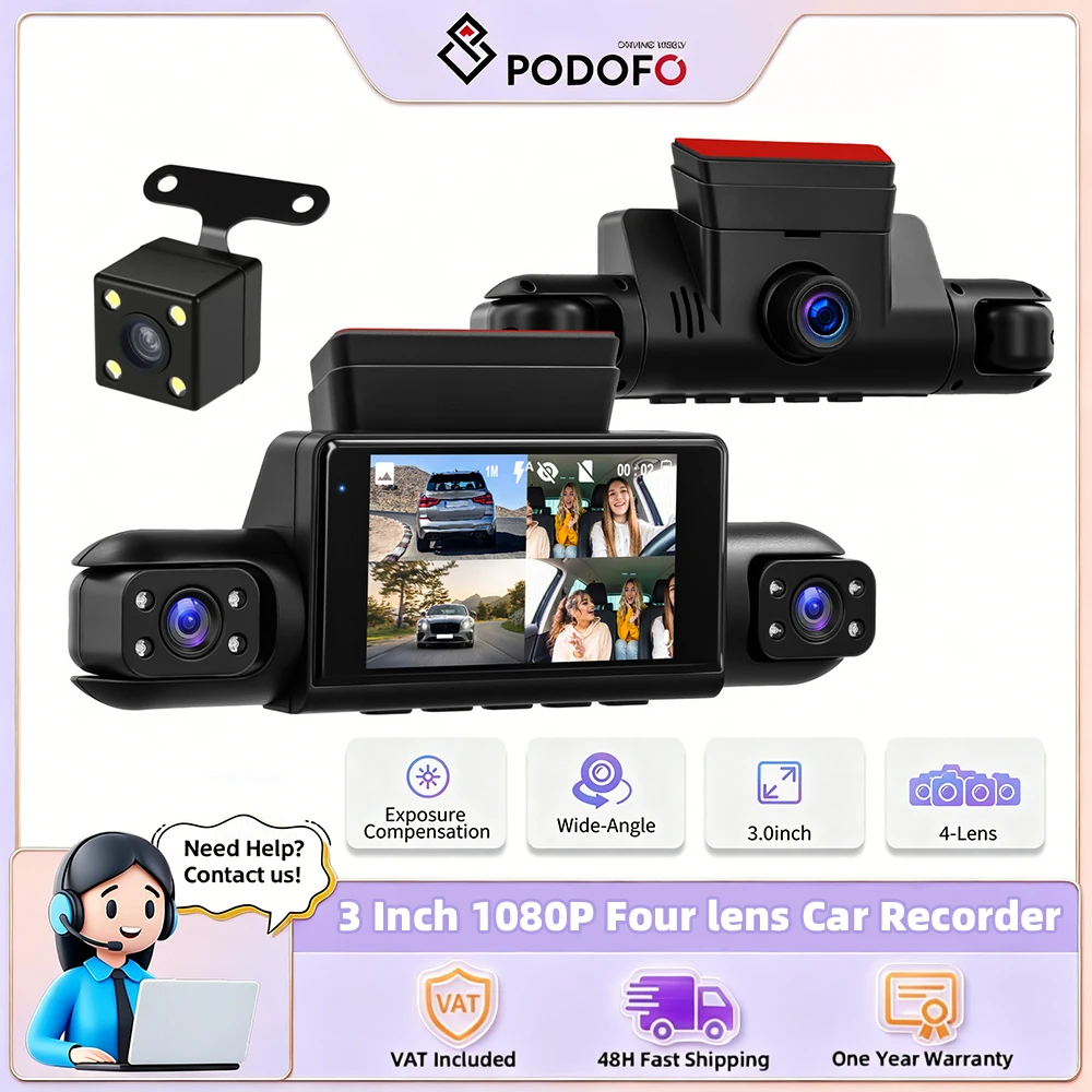 Cámara para Auto Podofo de 3 Canales y 180 Grados °   Grabadora de video para coche con visión nocturna, monitor de estacionamiento, sensor G, grabación en bucle, piezas de automóvil