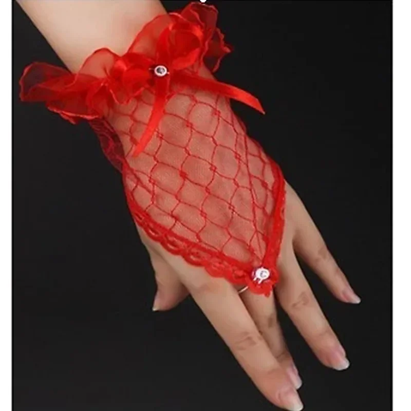Black White Short Fingerless Wrist  Length Lace  Bridal Wedding Gloves Prom Party Luva De Noiva