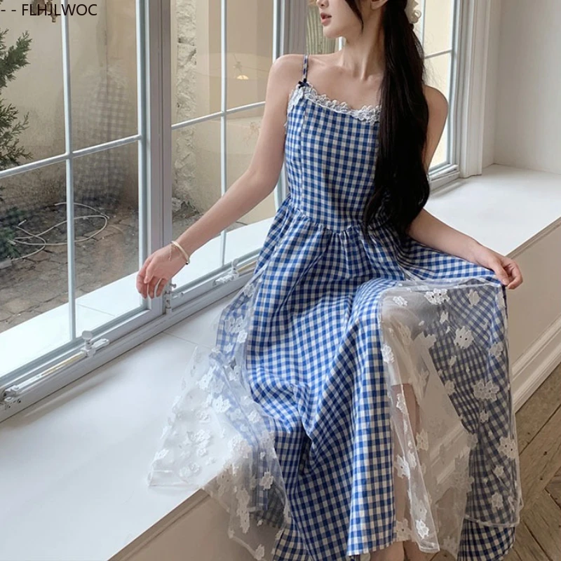 Vestidos a cuadros rojos de estilo francés, nuevo diseño, bonito y dulce para mujer, vestido sin mangas de malla transparente de encaje blanco con tirantes finos