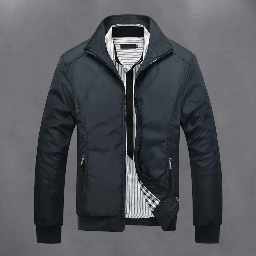 Stylish Men Outerwear Stylish Men's Business Casual Jacket with Stand Collar Zipper Closure Multiple Pockets for Autumn Winter