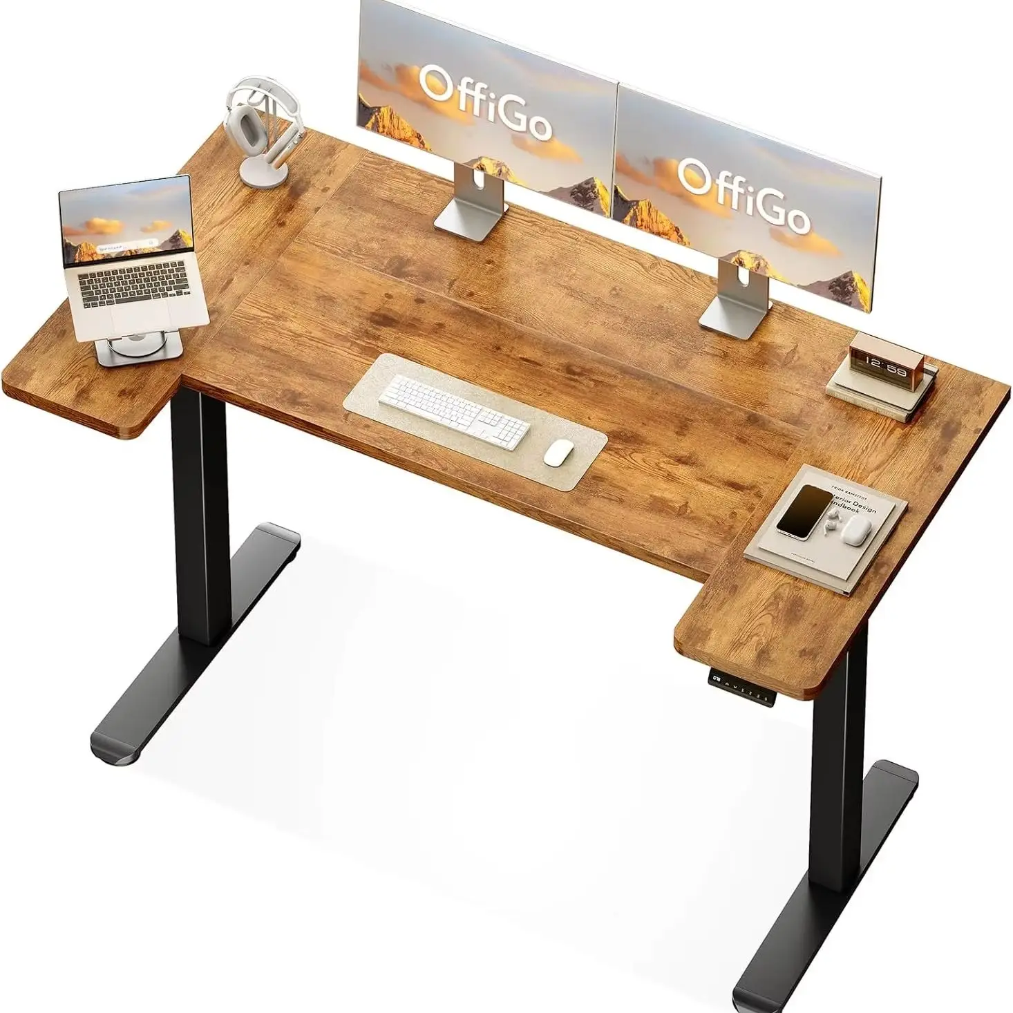 Offigo Elektrischer Höhenverstellbarer Schreibtisch, 140 x 70 cm, Höhenverstellbarer Arbeitstisch, U-förmiger Arbeitstisch für Home-Office, Moderner Stil, Speicherfunktion, Vintagebraun