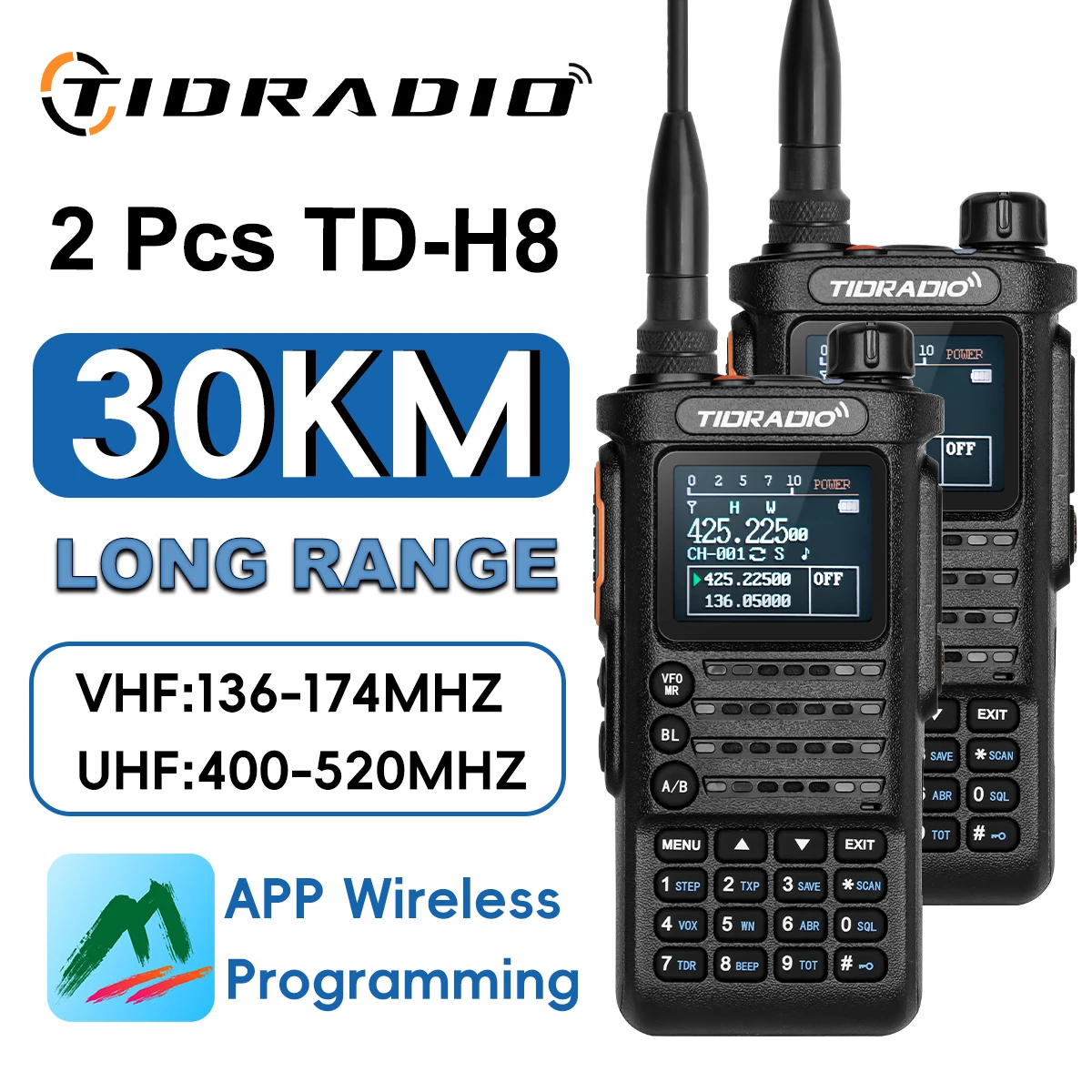 TIDRADIO 2PCS TD H8 Walkie Talkie Lange afstand Professionele 10W Tweewegradioverbinding Telefoon APP Draadloze programmering HAM GMRS