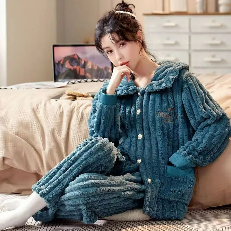 Spring Autumn Winter Comfortable Lai Cotton Snow Sleepwear Ladies Coral Velvet Thickened Flannel Large Size Can Be Worn Home