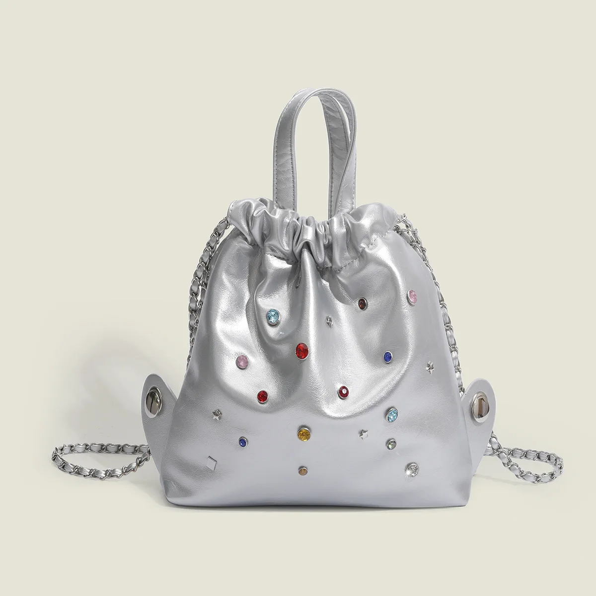 

Korean small single shoulder silver gemstone backpack girls new versatile chain backpack student class bag