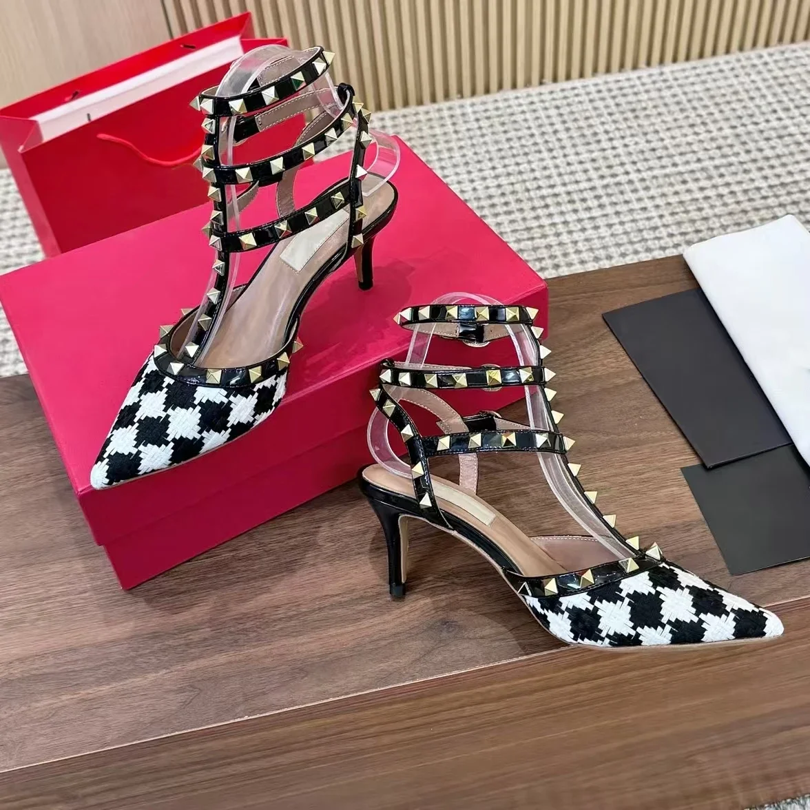 SHIYUNJIN Newest Summer Fabric Pointed-Toe High Heel Ankle-Strap Woman Sandals Stiletto Ladies High Heels Female Pumps Zapatos