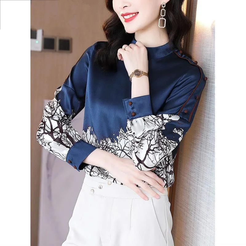 Vintage Printed Long Sleeved Blouse Spring Autumn Women\'s Clothing Versatile Stand Collar Floral Button Pullover Blue Shirt