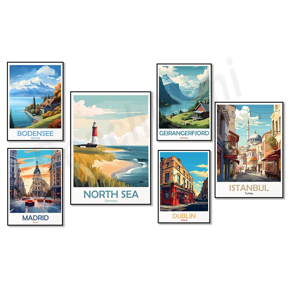 Athens, Piraeus, Seljalandsfoss, Geirangerfjord, Speicherstadt, Germany, Madrid, Stockholm, Lake Constance, Turkey travel poster