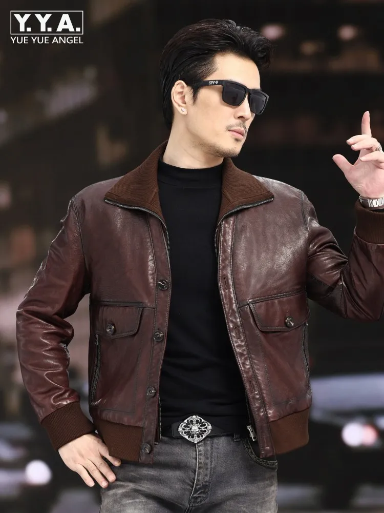 New Designer Mens Detachable Knitted Collar Real Sheepskin Business Work Jacket Slim Fit Single Breasted Genuine Leather Jackets