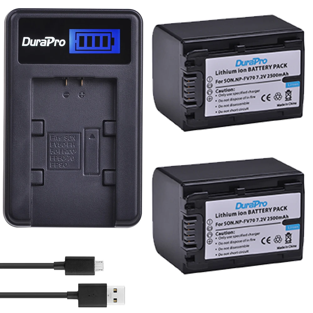 

DuraPro 2pcs NP-FV70 NP FV70 Battery + LCD USB Charger for Sony NP-FV50 FV30 HDR-CX230 HDR-CX150E HDR-CX170 CX300 Z1