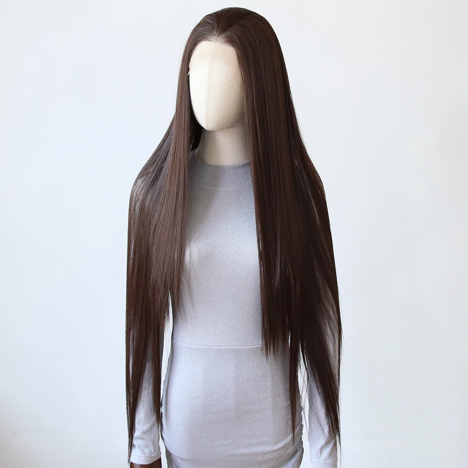 باروكة صناعية بدانتيل أمامي بطول 40 بوصة - شعر بني طويل مفرود، شوكولاتة داكنة وإسبريسو، مقاومة للحرارة، بدون صمغ، مظهر طبيعي #6