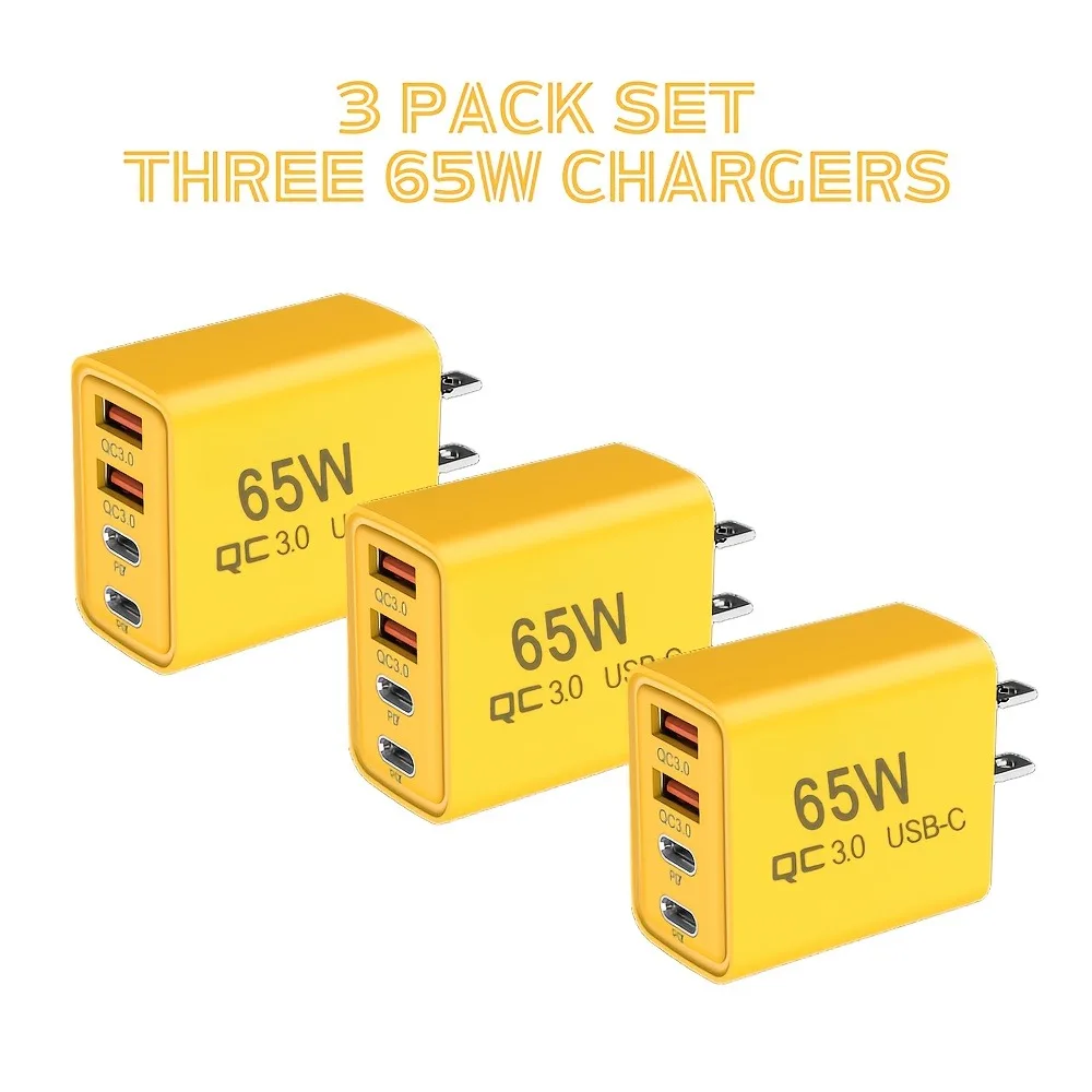 

Набор из 3 быстрых зарядных устройств 65 Вт для Xiaomi, Huawei с двумя портами QC3.0 и PD USB-C Power Delivery, компактный дизайн для смартфонов