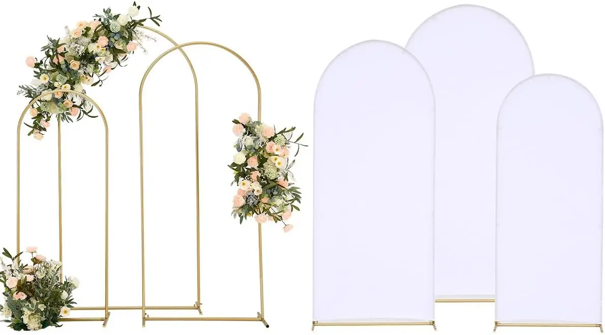 

Wedding Arch Backdrop Stand and Cover Set 6.6FT 5.9FT 4.9FT 3 Gold Metal Arch Stand with 3 White Arch Cover for Party Wedding