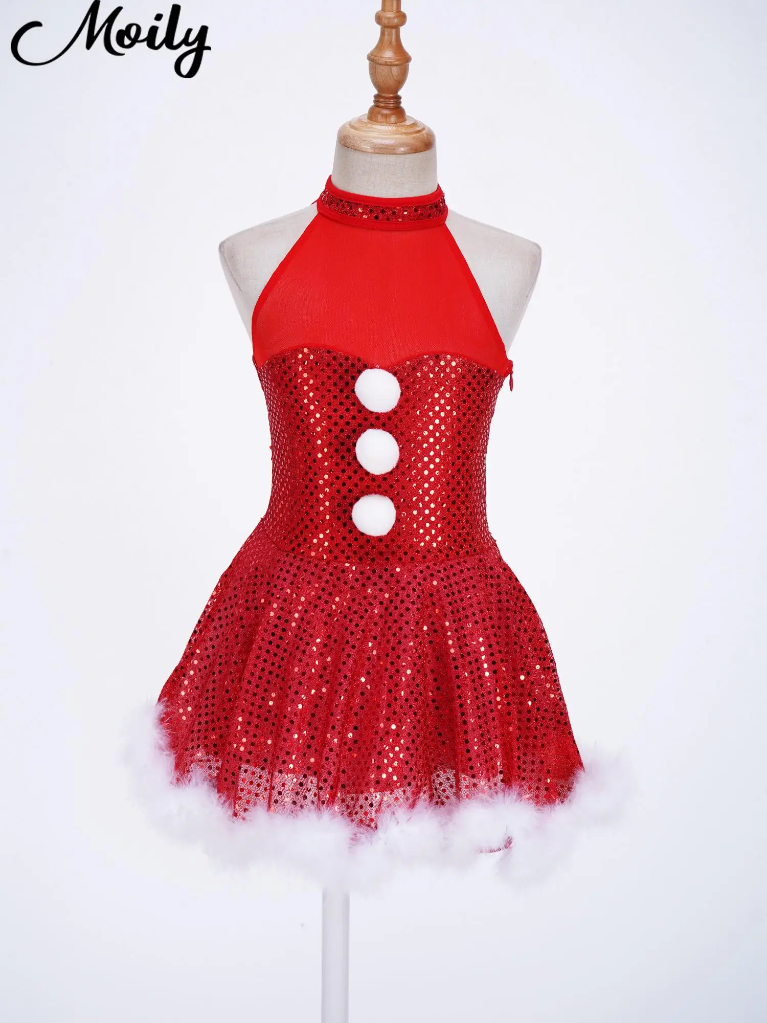 

Kids Girls Ballet Dance Figure Ice Skating Costume Christmas Snowman Tutu Dress Sleeveless Mesh Splice Caged Back Sequins Dress