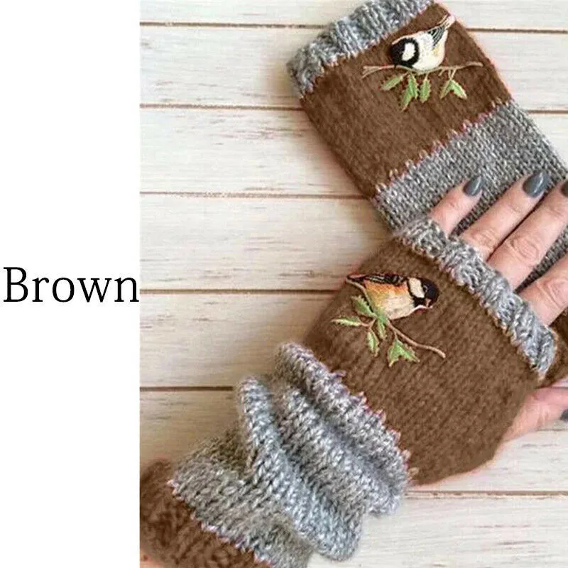 Women Embroidery Birds Gloves Cotton Fingerless Glove for Women Knitted Block Splice Mittens Girls Gloves Flip Knitting Mittens