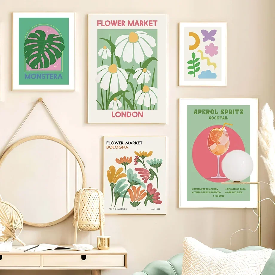 (No frame)Picasso Cocktail New York Flower Market Monstera Posters Wall Art Aesthetics Print Canvas Painting for Living Room