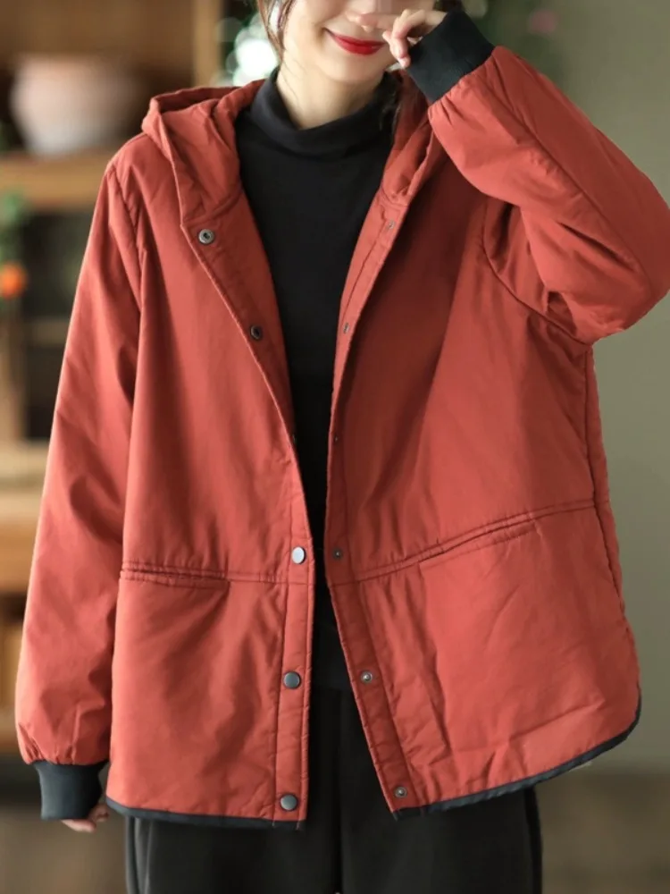 

Ретро-куртка большого размера с капюшоном, женская зимняя повседневная теплая утолщенная хлопковая стеганая свободная верхняя одежда