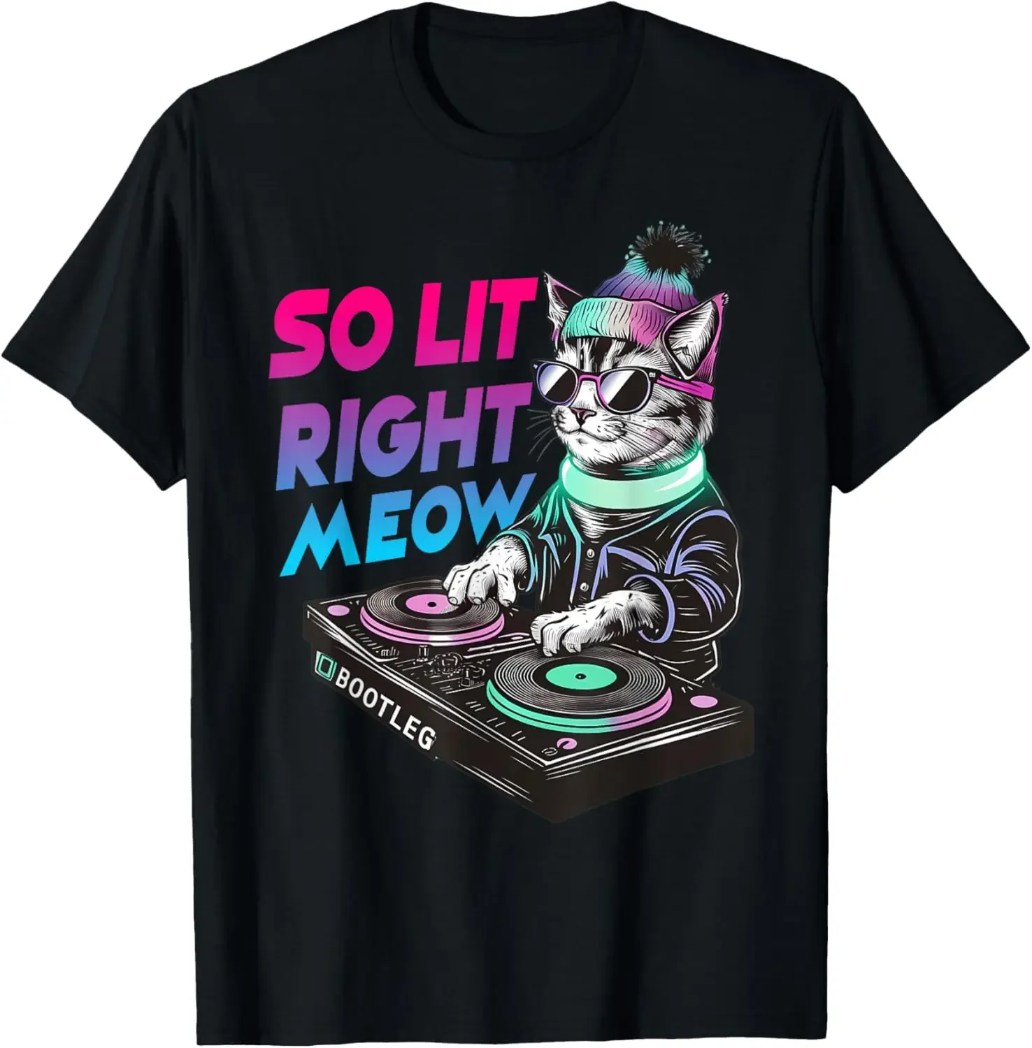 

Lit Right Meow DJ Cat Graphic Tee Funny Rave Music Lover Short Sleeve T-Shirt