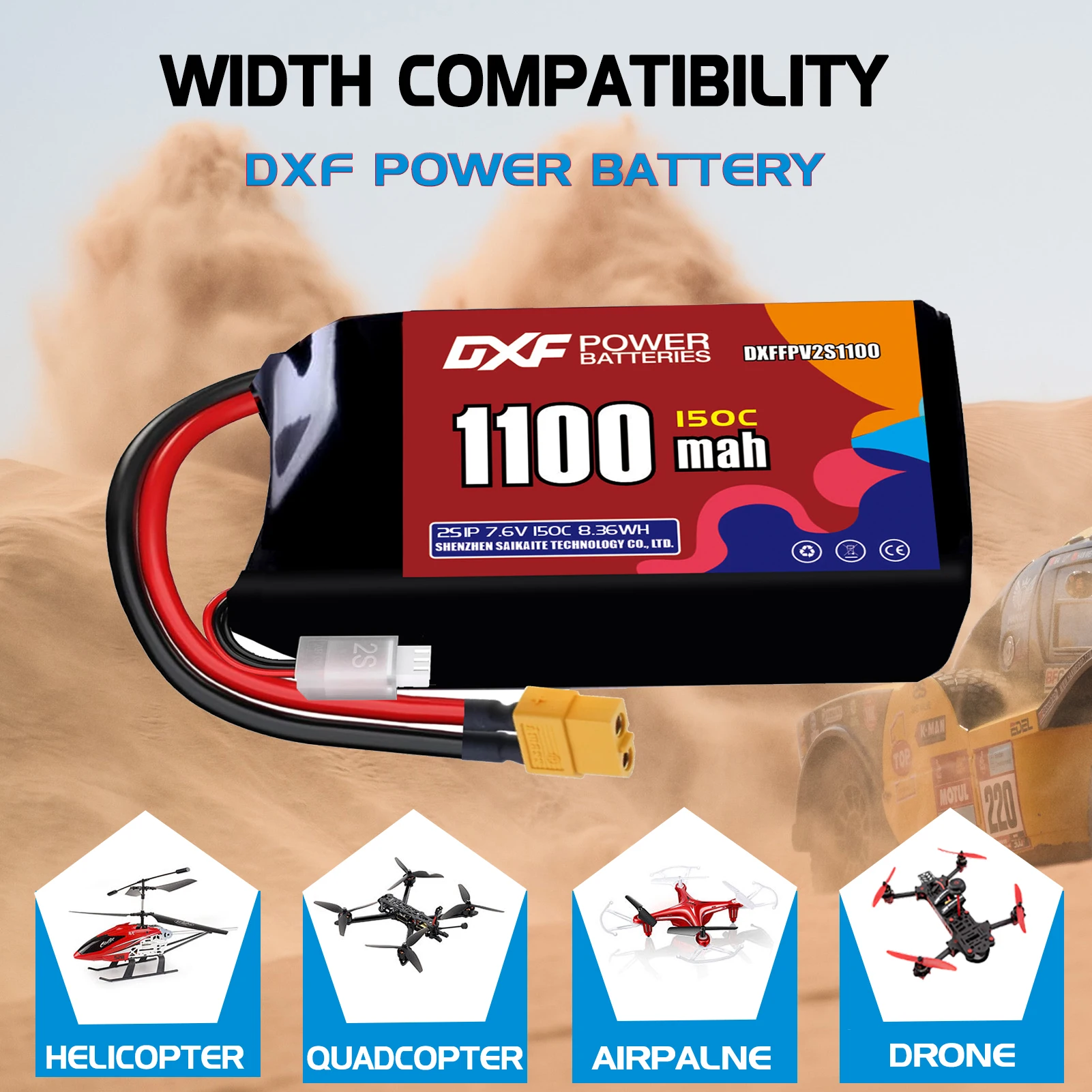 Akumulator DXF Lipo 2S 7.6V 1100mAh 880mAh 650mAh 7.4V 1050mAh 150C z wtyczką XT30 XT60 JST do helikoptera FPV, quadcoptera, drona