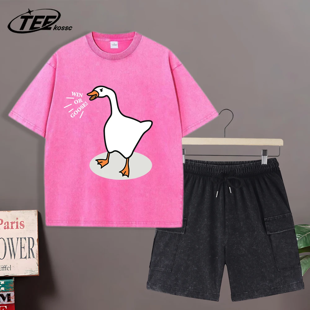 

Win Or Goose Printed Retro Man T-Shirts Summer Loose Cotton Tops Suit Soft Trendy Washed O-Neck T-Shirt Unisex Sport Clothing