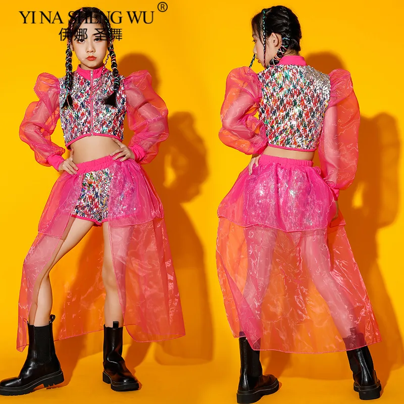 Jazz-Tanzkostüm für Mädchen, bunte Pailletten, Puffärmel, Tanz-Performance-Kleidung, 2026, neuer Kinder-moderner Hip-Hop-Street-Dance-Anzug