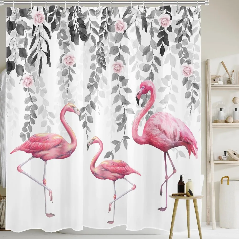 ม่านอาบน้ำฟลามิงโกสีชมพู ใบไม้สีเทา กุหลาบสีชมพู ม่านอาบน้ำลายดอกไม้สำหรับห้องน้ำ ชุดม่านอาบน้ำนกเขตร้อน กันน้ำ