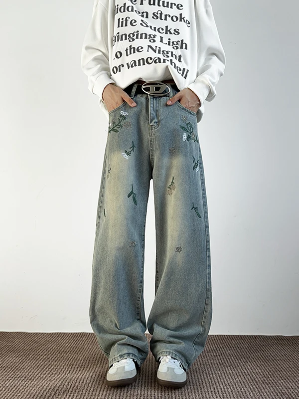 

Модные мужские джинсы с вышивкой и средней талией, широкие брюки прямого кроя, длинные брюки в американском стиле ретро для осеннего сезона