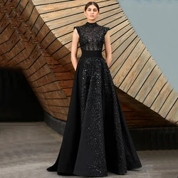 Charming Black High Neck Sequin Applique Evening Dress Cap Sleeve A-Line Jersey Women Party Gowns Illusion Back Sweep Train