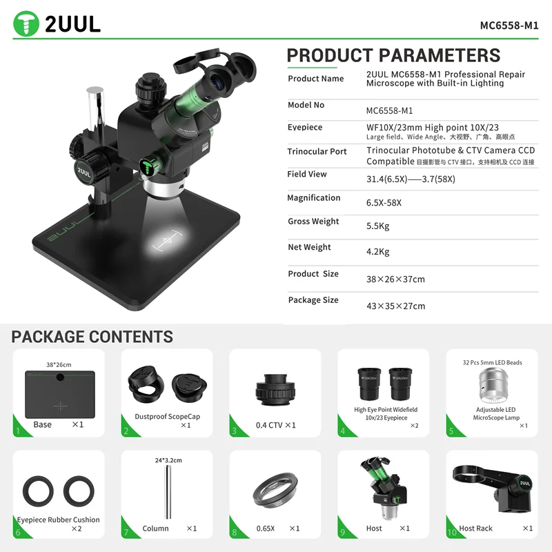 2UUL MC6558-M1 6.5-58X Zoom Trinocular Stereo Microscope Adjustable LED Light Source for Mobile Phone Soldering Repair Tool