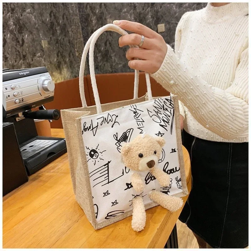 Cute Teddy Bear Handbag Girls Simple Canvas Bag Ladies Commuter Bag Cubic Bear Decoration Candy Gift Bag Gift Packaging Bag