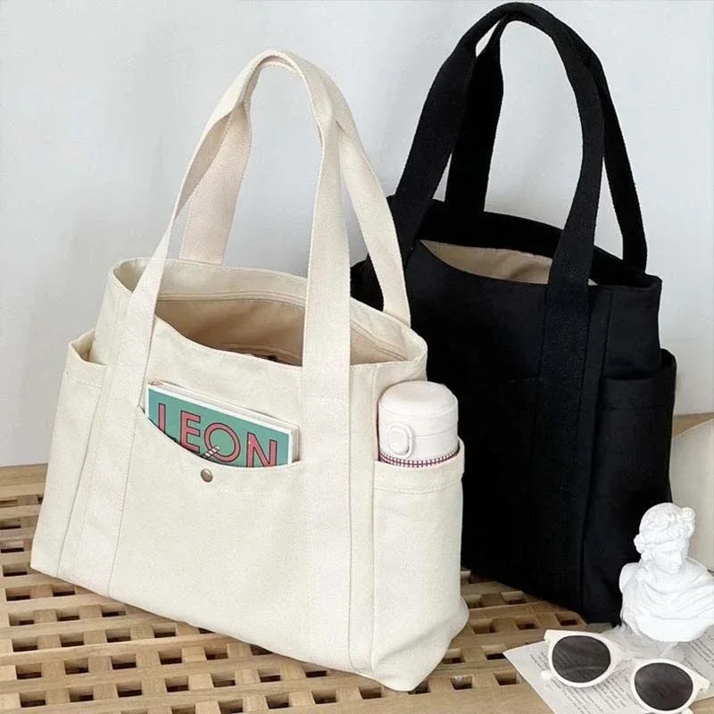 

Canvas Women's Shoulder Bag Large Capacity Multiple Outer Pocket Zipper Tote Bag Student Handbag Shopping
