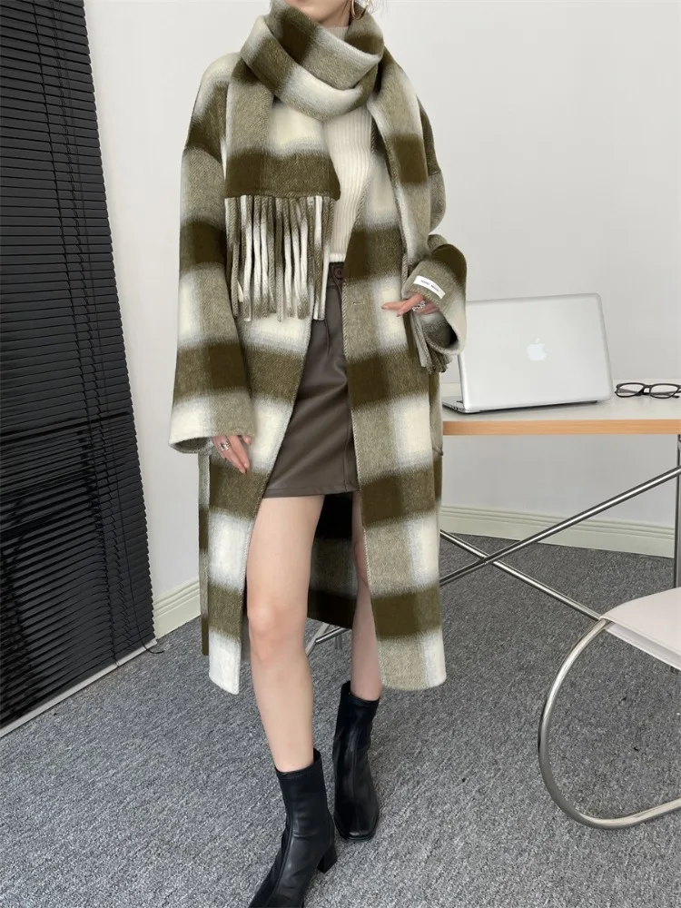 

Checkered Double-Sided Woolen Coat Fall/Winter New Vintage Grid Coats Women Korean Loose With Scarf Fashion Wool Jacket Female
