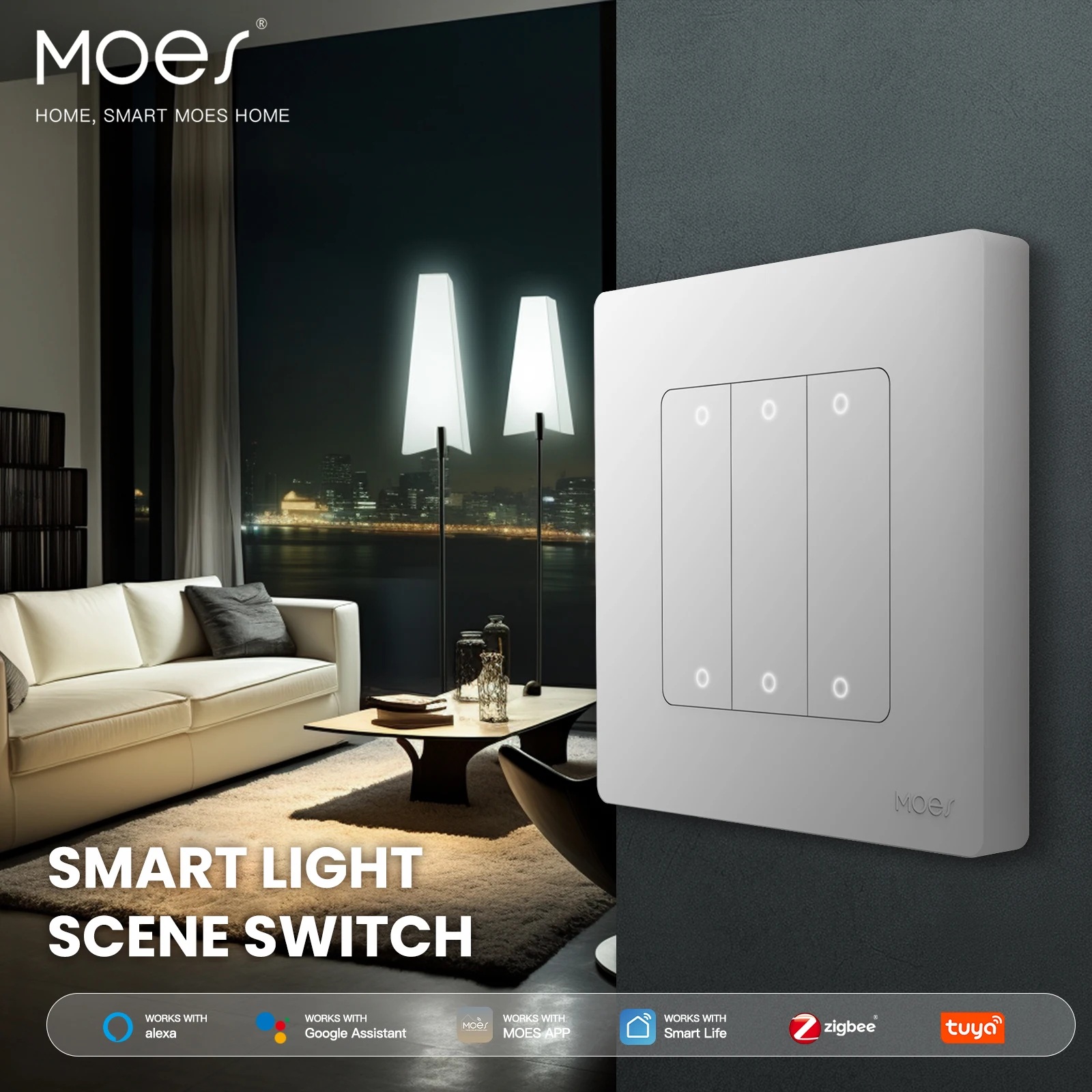 MOES Scene Switch ZigBee Smart Light Push Button Switch 6Gang Wall Switch Neutral Wire Required Work With Alexa Google Home