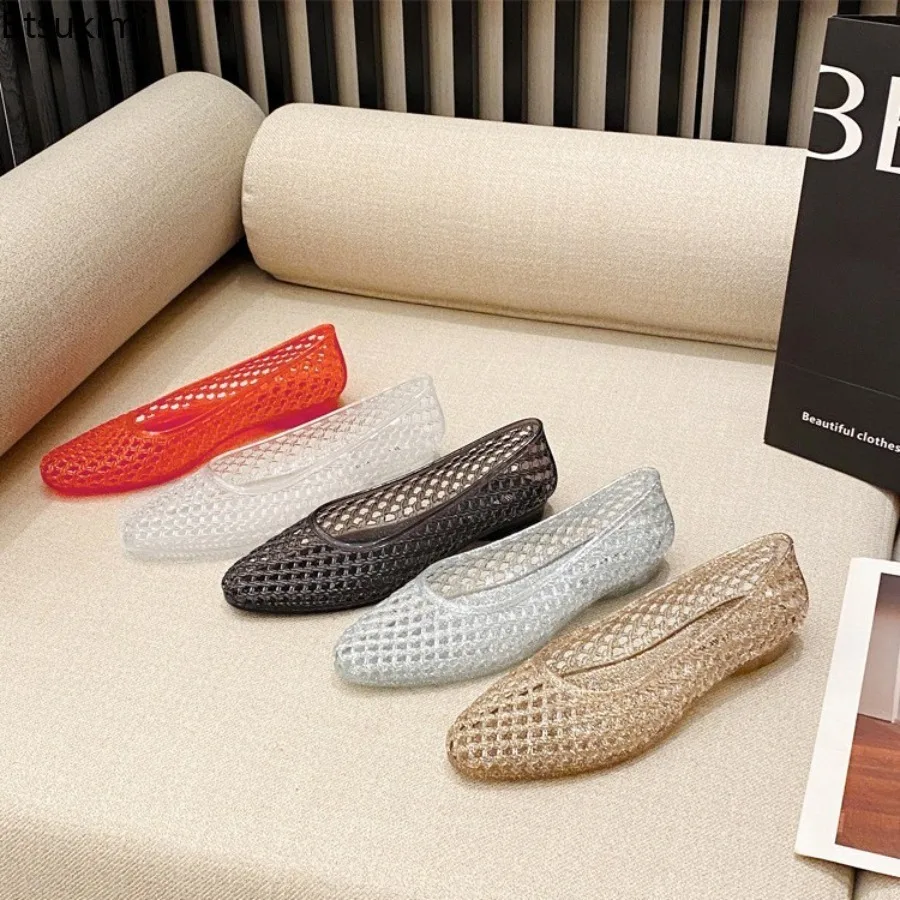 New Women's Jelly Shoes Adult Girls Pointed Shallow Mouth Single Shoes Summer Ladies Hollow Flat Beach Sandals DIY Crystal Shoes