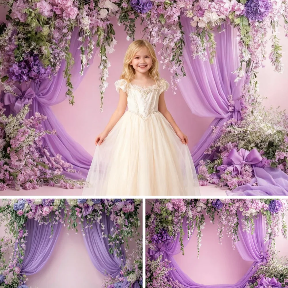 

Purple Pink Floral Curtains Wedding Photography Backdrop Bridal Shower Birthday Decor Maternity Portrait Background Photo Studio