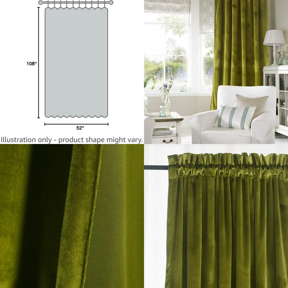 Olive Green Velvet Curtains, 108 Length, 2-Panel Set, Insulated for Living Spaces