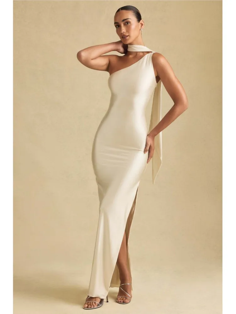 

Dresses 2025 Woman Off-the-shoulder Sexy Slim Fit Slit Hip-hugging Dress Temperament Elegant Vestidos Evening Dress Solid Color
