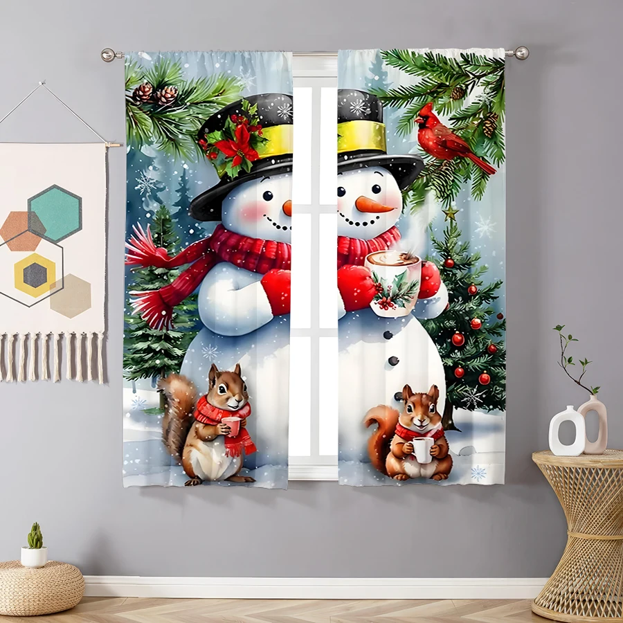 2PCS Christmas Winter Curtains, Snowman Squirrel Bird, Digital Print, Bedroom Living Room, Rod Pocket, Polyester, Home Decor