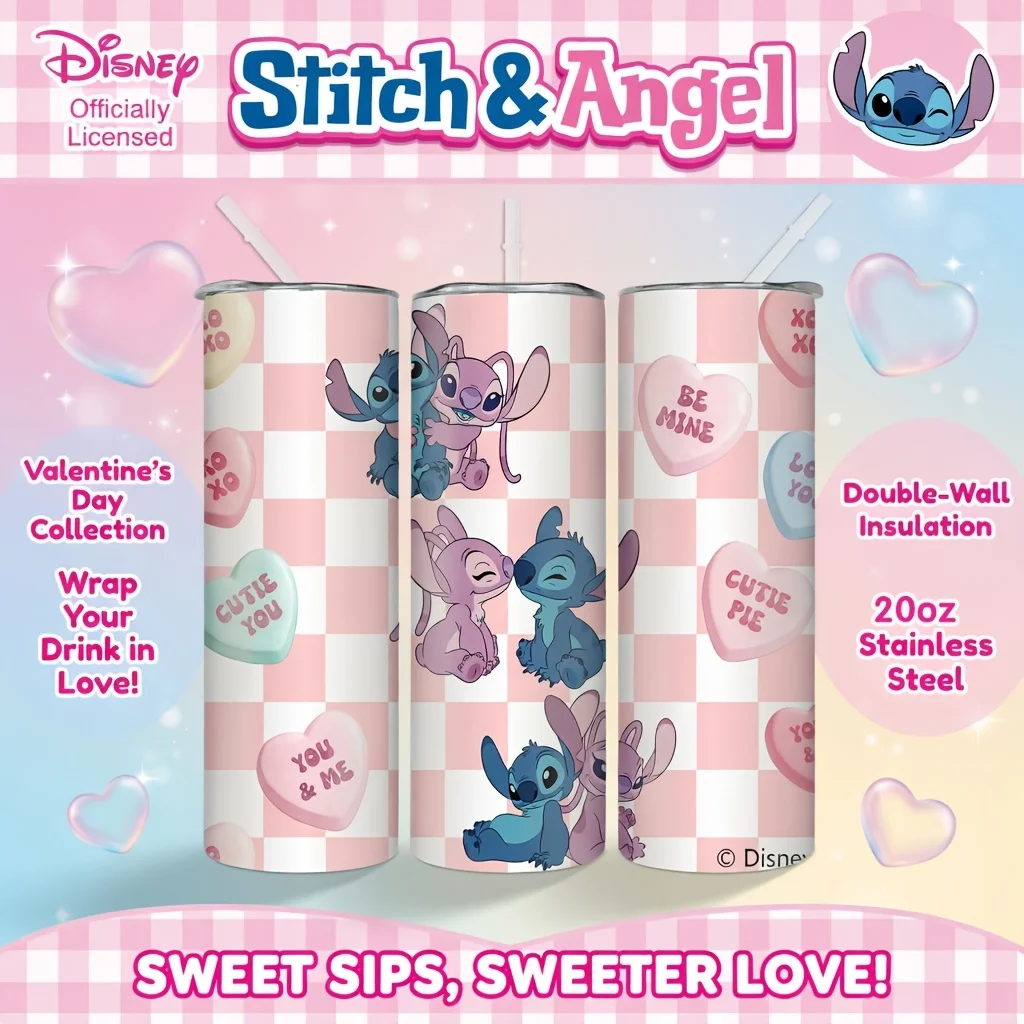Vaso de Acero Inoxidable de 20oz con Diseño de Stitch y Angel de Disney, Rosado con Diseño de Tablero de Ajedrez, Aislado, con Pajita, Regalo Perfecto
