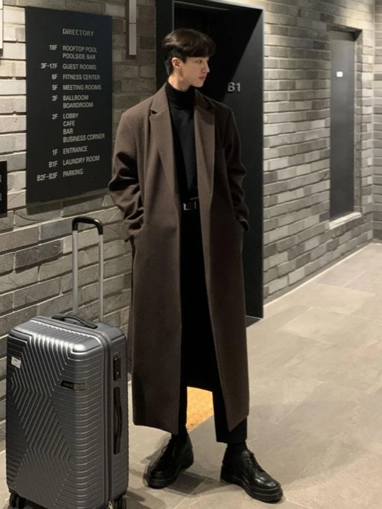 

Мужское шерстяное пальто: зимнее, теплое, длинное, в британском стиле, повседневное, модное, корейская ветровка, молодежное, с длинными рукавами