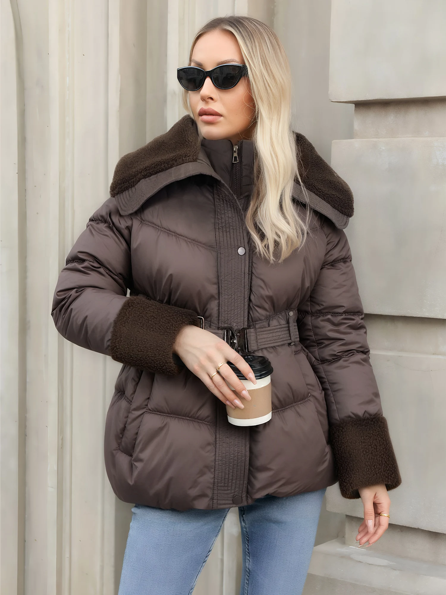 

Women's Autumn/Winter Chic Quilted Coat Plain Long Sleeve Pocket Jacket with Belt Christmas Vacation Outfit