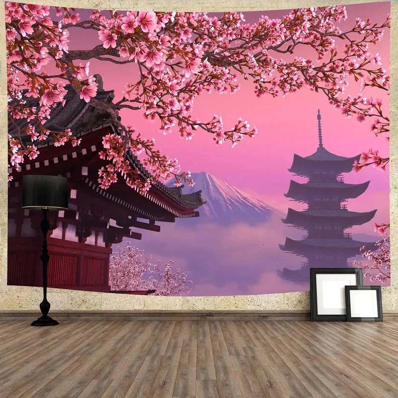 VIKAMA Ukiyo-e Mount Fuji Tapestry Japanese Wave Cherry Blossom Tapestry For Living Room Tea Room Izakaya Decor