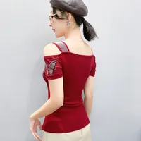 2026 Sexy Off Shoulder T-Shirt For Women Clothes Luxury Flower Diamonds Short Sleeve Tees Summer Fashion Female Mesh Top Shirts - Image 2