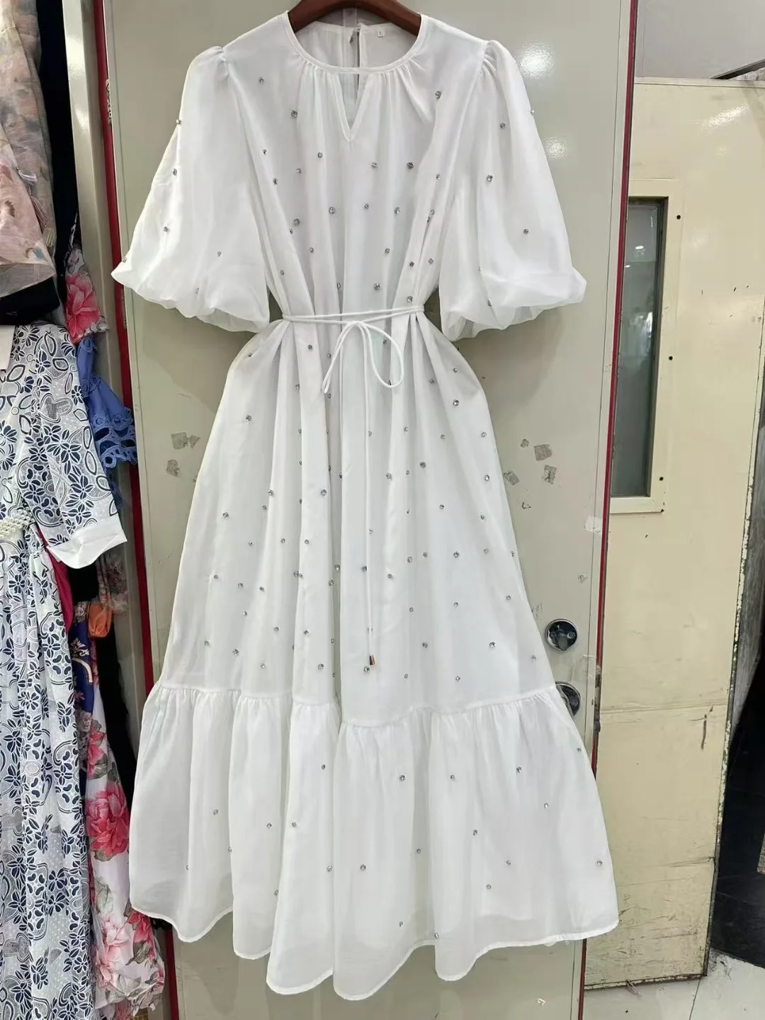 Robe de soirée de luxe en cristal pour femmes, manches courtes, perles, ample, mi-longue, élégante, tenue de soirée, été, automne