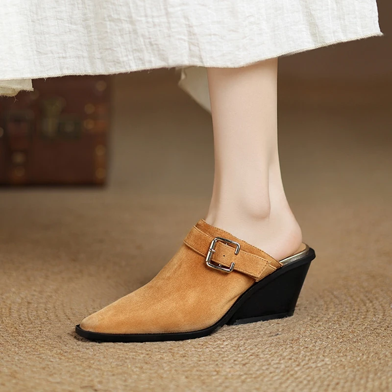 

NEW Summer Women Mules Sheep Suede Leather Shoes Women Pointed Toe Chunky Heel Shoes Cover Toe Wedge Sandals Belt Buckle Sandals