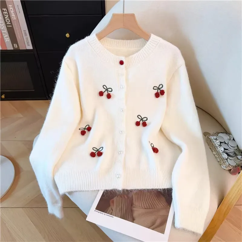 

Spring Autumn New Women Sweet Cherry Decoration Short Knit Sweater Round Neck Single-Breasted Long Sleeve Ladies Knitwear Coat