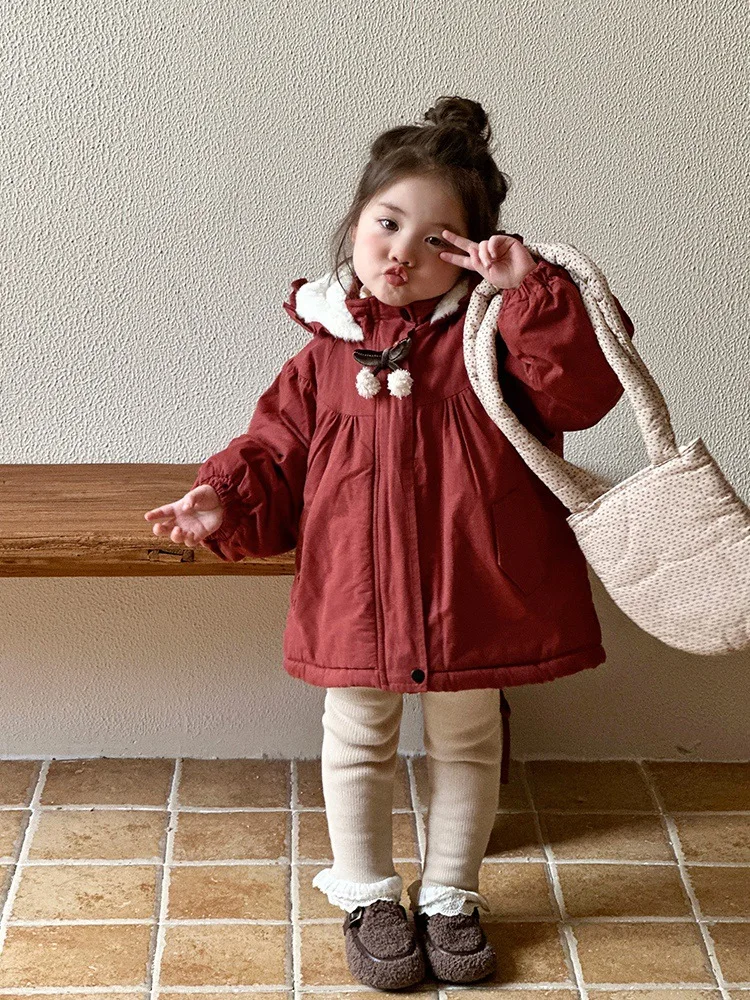 

Girls' Cotton Jacket Winter New Children's Fleece-Lined Thickened Parka Cotton Coat Baby Warm Winter Cotton Padded Jacket