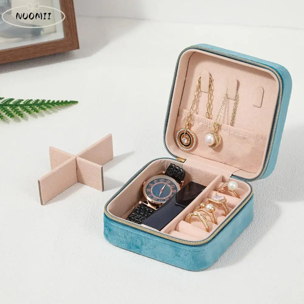

Portable Velvet Jewelry Box Necklace Ring Display Zipper Jewelry Storage Case Square Packaging Box Earrings Organizer Holder